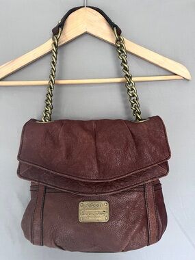 Fossil Brown Leather Shoulder Bag Chain Strap Flap Vintage Style